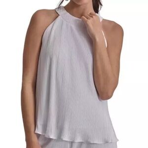 DKNY Women's High Neck Sleeveless Plissé Top White